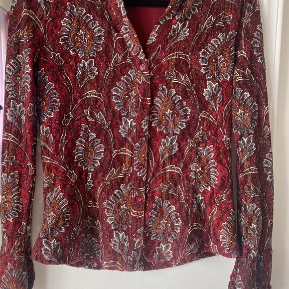 INC - Dark Red Button Down Geometric Pattern V-Neck Long Sleeve Blouse - Picture 3 of 7